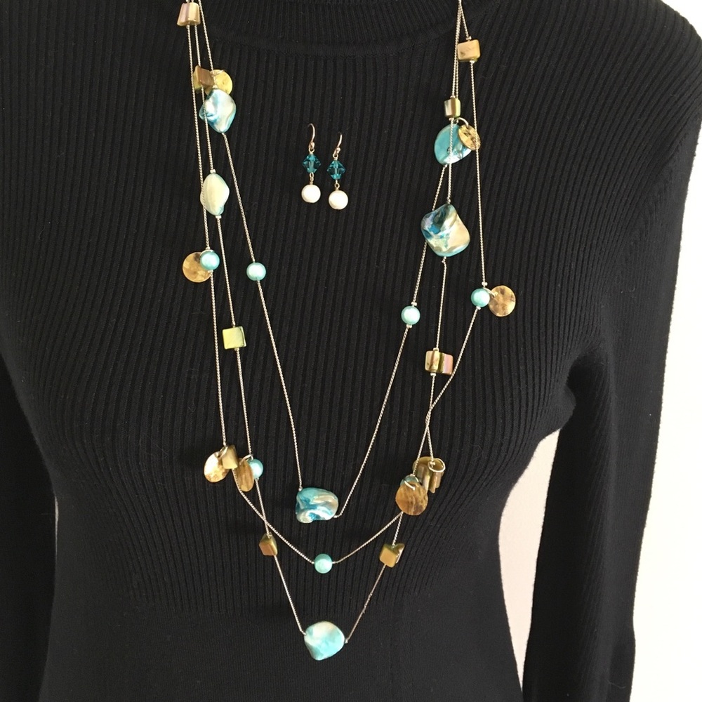 3 Strand Shell Necklace w/ Earrings Turquoise Tan